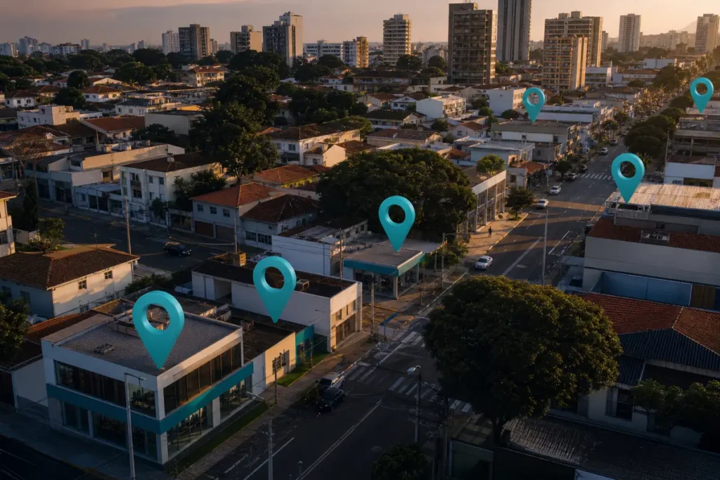 Bairro com marcadores de localização representando empresas encontradas no SEO local